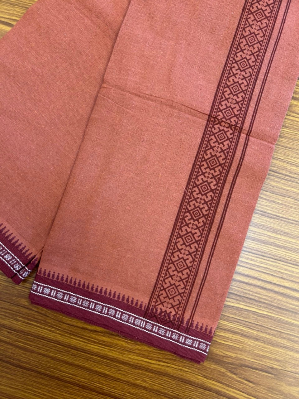 8% Discount!!! Kaitharikada Mixed Cotton Single KAVI - Kaily / Lungi - 3.25 inch Maroon Tribal Kuppadam Border (2 meter / 4 muzham) - 10KK8027 AS