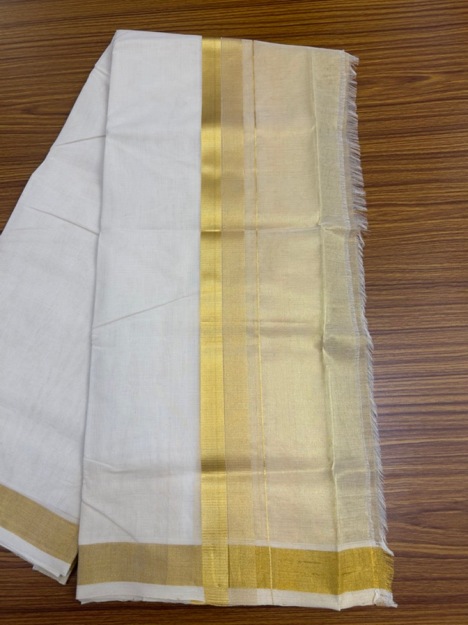 25% Discount ! KaithariKada Handloom Milpaav Balaramapuram - Pure Cotton Off White - (Unbleached) Double Mundu/Dhoti - (80X90s) - 7 inch Gold Kasav Striped & Half Tissue Kara - 100 KK5256 RAM