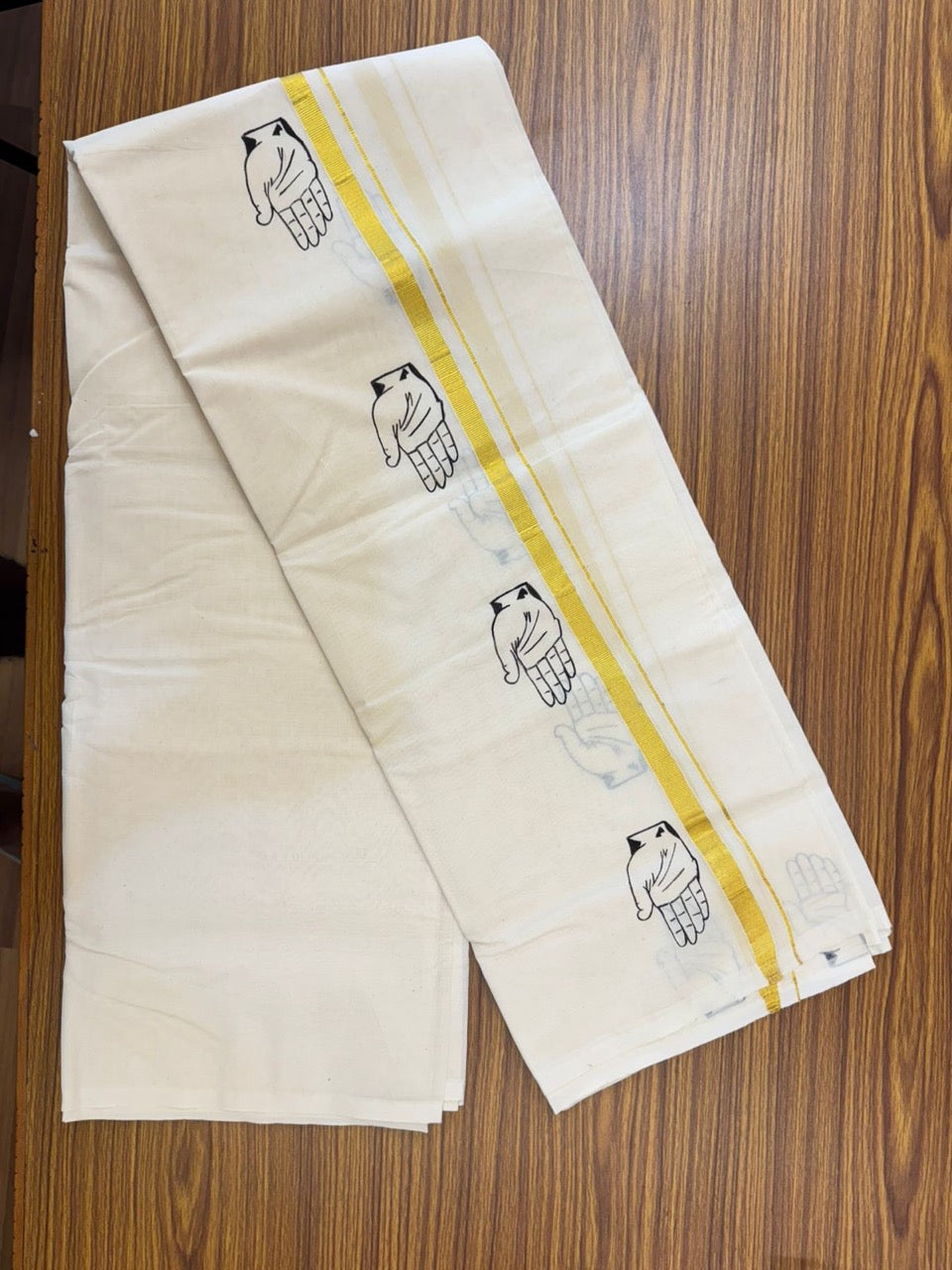 CONGRESS VESHTI - KaithariKada Balaramapuram 100% Cotton Double Off white - (Unbleached) Mundu/Dhoti-100x80 - 0.5 inch Hand Painted Gold Kasav & Kaipathi Design Kara 3.80 mtr (8 muzham) - 18 KK5244 ASH
