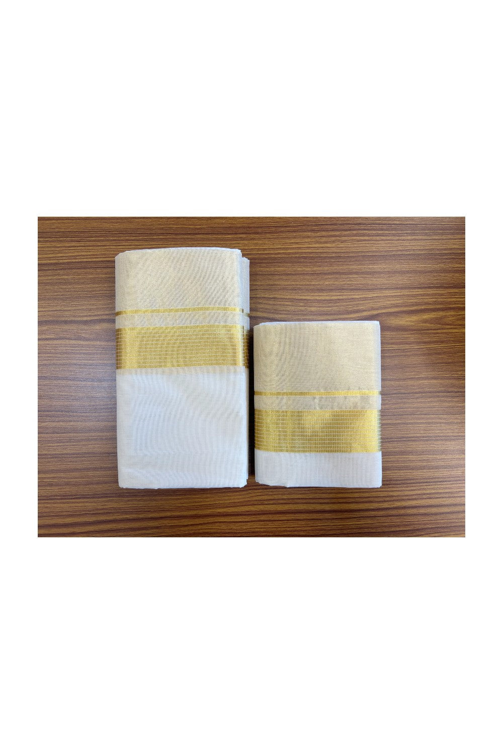 KaithariKada HANDLOOM UNAKKUPAAV Balaramapuram - 100% PURE Cotton Off White  (Unbleached) Mundu/Dhoti & Neriyath set - 7 Inch Kasavu stripes tissue Kara - 10KK5097ABH