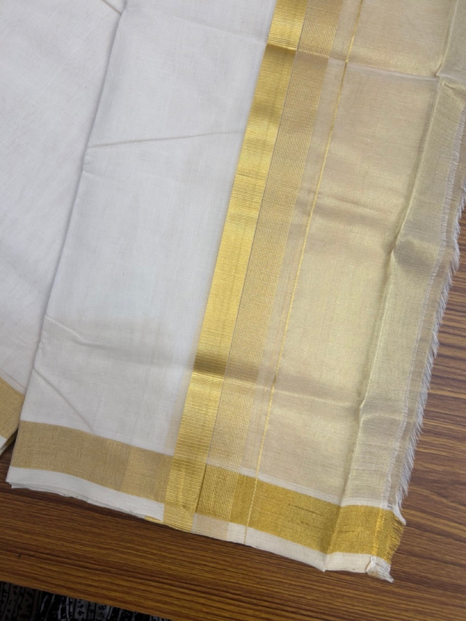 25% Discount ! KaithariKada Handloom Milpaav Balaramapuram - Pure Cotton Off White - (Unbleached) Double Mundu/Dhoti - (80X90s) - 7 inch Gold Kasav Striped & Half Tissue Kara - 100 KK5256 RAM