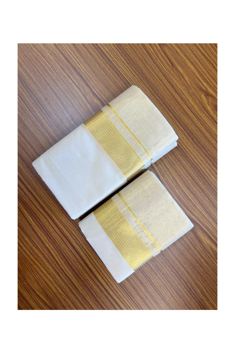 KaithariKada HANDLOOM UNAKKUPAAV Balaramapuram - 100% PURE Cotton Off White  (Unbleached) Mundu/Dhoti & Neriyath set - 7 Inch Kasavu stripes tissue Kara - 10KK5097ABH