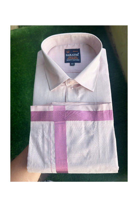 NEW! Kaitharikada Special -  Art Silk Men's Shirt & Dhoti Set - Pink Shaded Full Sleeve shirt and Pink Shaded Dhothi with Pink Kasavu Kara - 10KK6003SAR.