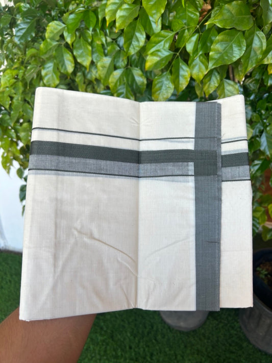 24% Discount ! KaithariKada Balaramapuram 100% Cotton Double OFF WHITE- (Unbleached) - Mundu / Dhoti- 100x80 - 1.5 inch Dark Olive Green Kara - 10KK5214 MC