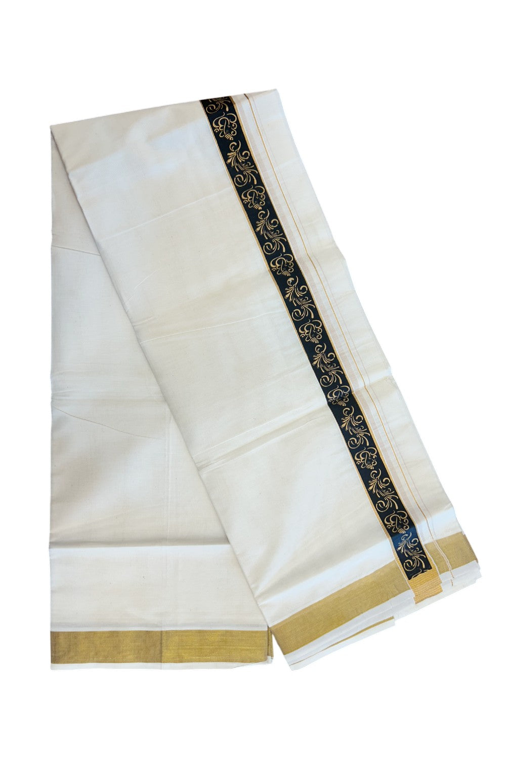 20% Discount!! KaithariKada Balaramapuram Mixed Cotton DOUBLE OFF WHITE - (Unbleached) Mundu/Dhoti - 80x72 - 1.25 inch Kasavu & Black ganapathy Pattern printed Design Kara - 100KK5227 PMC
