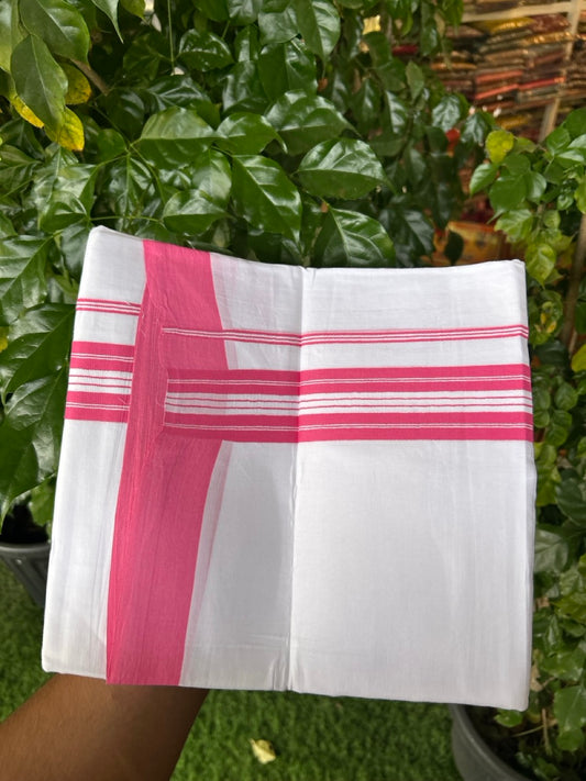 Pure White Double 20% Discount! KaithariKada 100% Cotton Pure Cotton Double Mundu / Dhoti - 100x80 - 1.5 inch Pink White Stripes Shaded Kara 3.80 meter (8 muzham) - 101 KK5220 THI