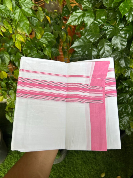 Pure White Double 20% Discount! KaithariKada 100% Cotton Pure Cotton Double Mundu / Dhoti - 100x80 - 2 inch Pink White Stripes Shaded Kara 3.80 meter (8 muzham) - 102 KK5220 THI