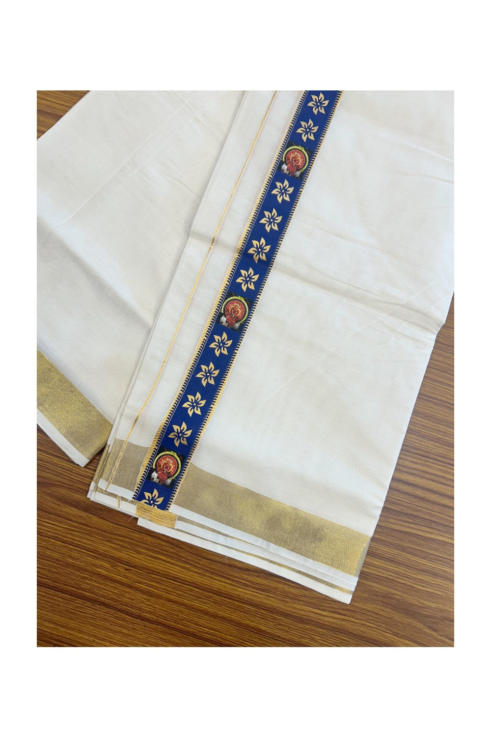 20% Discount!! KaithariKada Balaramapuram Mixed Cotton DOUBLE OFF WHITE - (Unbleached) Mundu/Dhoti - 80x72 - 1.25 inch Kasavu & Navy blue with Theyyam printed  Kara - 102KK5227 PMC