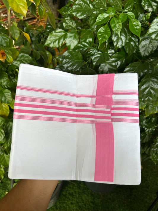 Pure White Double 20% Discount! KaithariKada 100% Cotton Pure Cotton Double Mundu / Dhoti - 100x80 - 2 inch Pink White Stripes Shaded Kara 3.80 meter (8 muzham) - 103 KK5220 THI
