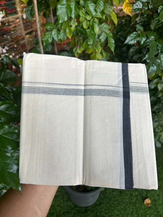 20% Discount! KaithariKada 100% Cotton Off white Double Mundu/Dhoti - (100x80)S - 0.5 inch Black Striped Kara - 4mtr (8.5muzham) - 104 KK5255 VAS