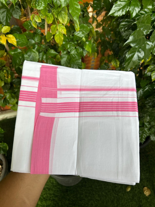 Pure White Double 20% Discount! KaithariKada 100% Cotton Pure Cotton Double Mundu / Dhoti - 100x80 - 1.75 inch Pink White Stripes Shaded Kara 3.80 meter (8 muzham) - 104 KK5220 THI