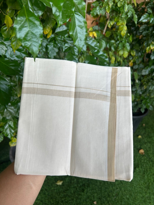 20% Discount! KaithariKada 100% Cotton Off white Double Mundu/Dhoti - (100x80)S - 0.5 inch Beige Brown Striped Kara - 4mtr (8.5muzham) - 105 KK5255 VAS