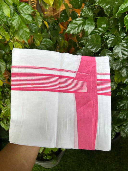 Pure White Double 20% Discount! KaithariKada 100% Cotton Pure Cotton Double Mundu / Dhoti - 100x80 - 1.75 inch Pink White Stripes Shaded Kara 3.80 meter (8 muzham) - 105 KK5220 THI