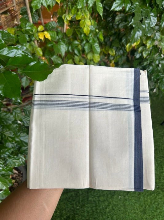 20% Discount! KaithariKada 100% Cotton Off white Double Mundu/Dhoti - (100x80)S - 0.5 inch Navy Blue Striped Kara - 4mtr (8.5muzham) - 106 KK5255 VAS