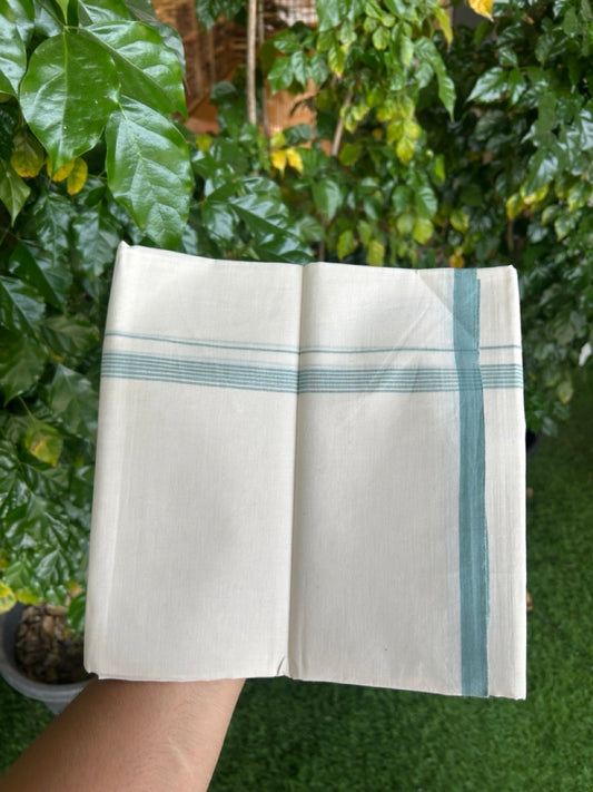 20% Discount! KaithariKada 100% Cotton Off white Double Mundu/Dhoti - (100x80)S - 0.5 inch Cyan Striped Kara - 4mtr (8.5muzham) - 107 KK5255 VAS