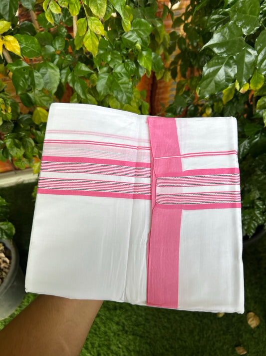 Pure White Double 20% Discount! KaithariKada 100% Cotton Pure Cotton Double Mundu / Dhoti - 100x80 - 2 inch Pink White Black Stripes Shaded Kara 3.80 meter (8 muzham) - 107 KK5220 THI
