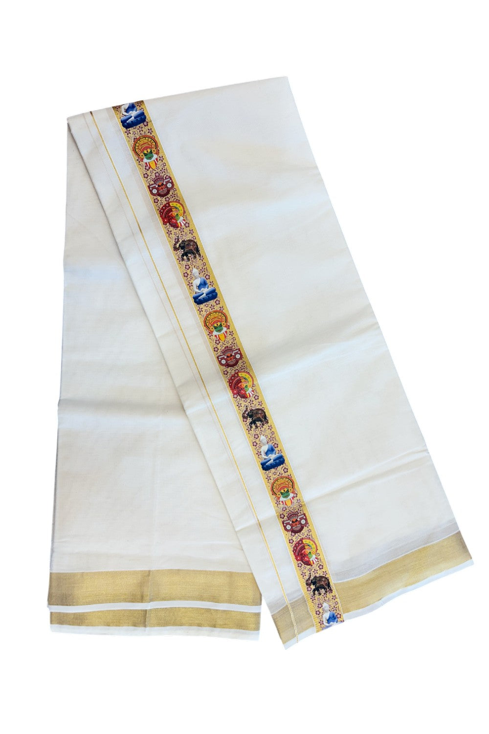 20% Discount!! KaithariKada Balaramapuram Mixed Cotton DOUBLE OFF WHITE - (Unbleached) Mundu/Dhoti - 80x72 - 1.5 inch Kasavu  Buddha  Kadhakali  Theyyam  printed Kara - 107KK5227 PMC
