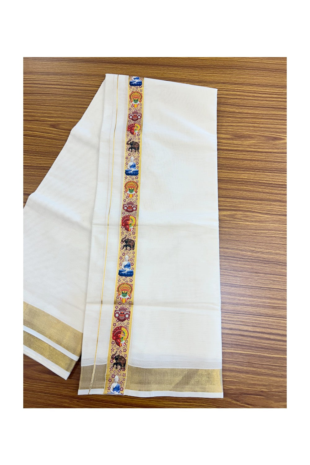 20% Discount!! KaithariKada Balaramapuram Mixed Cotton DOUBLE OFF WHITE - (Unbleached) Mundu/Dhoti - 80x72 - 1.5 inch Kasavu  Buddha  Kadhakali  Theyyam  printed Kara - 107KK5227 PMC
