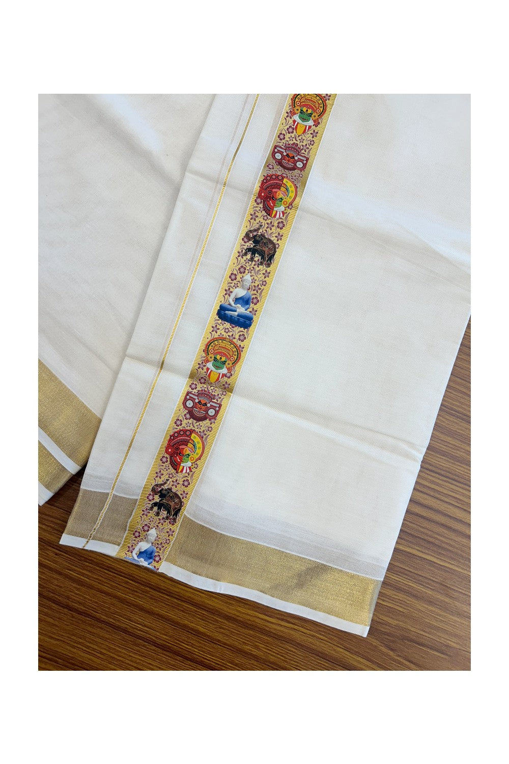 20% Discount!! KaithariKada Balaramapuram Mixed Cotton DOUBLE OFF WHITE - (Unbleached) Mundu/Dhoti - 80x72 - 1.5 inch Kasavu  Buddha  Kadhakali  Theyyam  printed Kara - 107KK5227 PMC