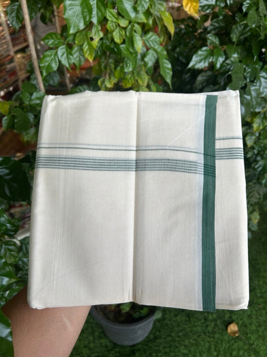 20% Discount! KaithariKada 100% Cotton Off white Double Mundu/Dhoti - (100x80)S - 0.5 inch Dark Green Striped Kara - 4mtr (8.5muzham) - 108 KK5255 VAS