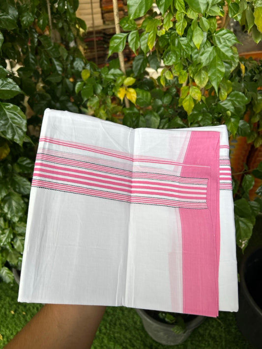 Pure White Double 20% Discount! KaithariKada 100% Cotton Pure Cotton Double Mundu / Dhoti - 100x80 - 2 inch Pink White Black Stripes Shaded Kara 3.80 meter (8 muzham) - 108 KK5220 THI