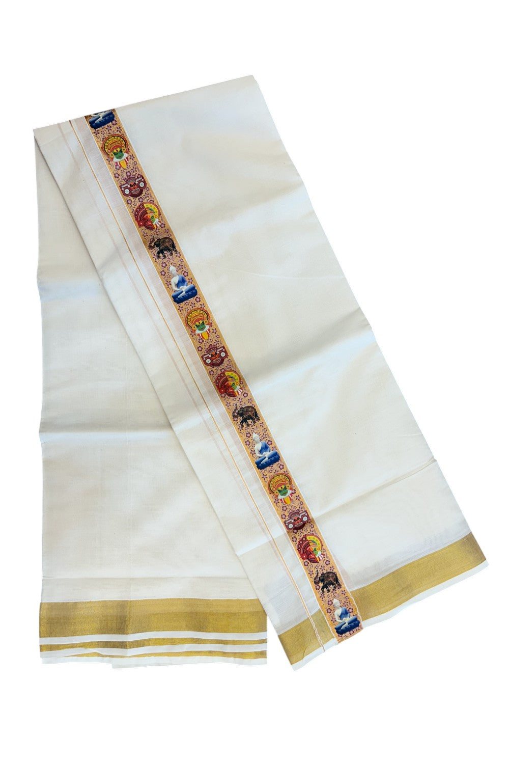 20% Discount!! KaithariKada Balaramapuram Mixed Cotton DOUBLE OFF WHITE - (Unbleached) Mundu/Dhoti - 80x72 - 1.5 inch DARK KASAVU  Buddha  Kadhakali  Theyyam  printed Kara - 108KK5227 PMC