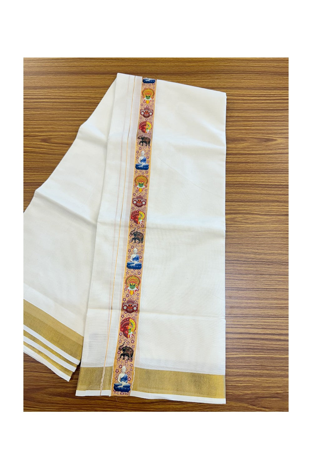 20% Discount!! KaithariKada Balaramapuram Mixed Cotton DOUBLE OFF WHITE - (Unbleached) Mundu/Dhoti - 80x72 - 1.5 inch DARK KASAVU  Buddha  Kadhakali  Theyyam  printed Kara - 108KK5227 PMC