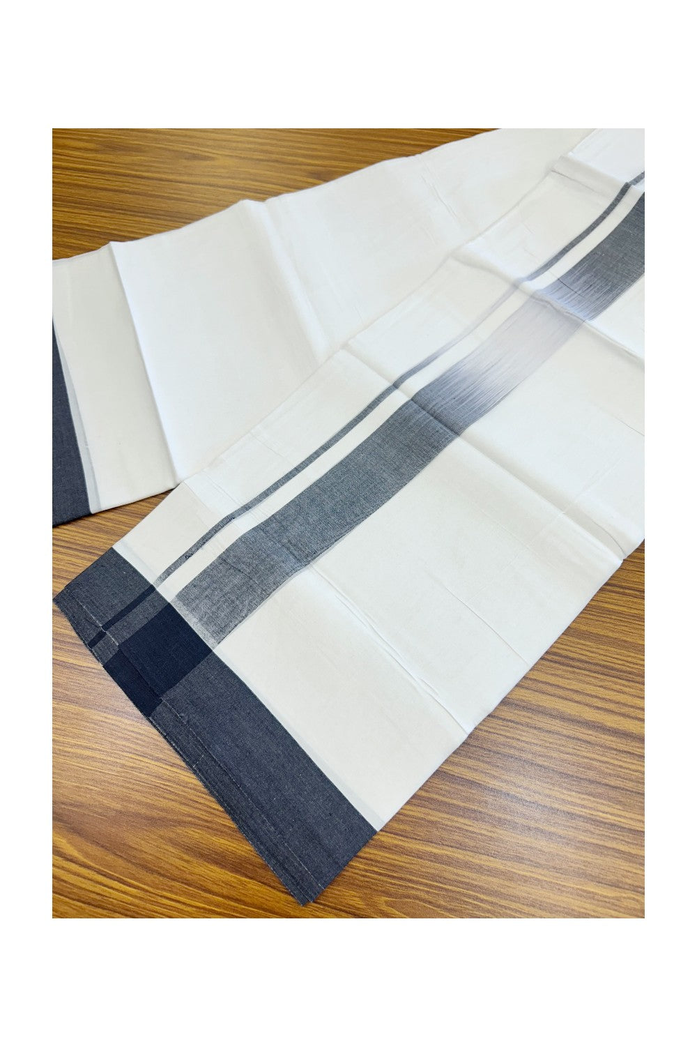 20% Discount ! Kaitharikada Balaramapuram 100% Cotton PURE WHITE Double RAINBOW Mundu/Dothi - 100x80 - 1.75 inch Black Shaded Kara 3.80 mtr (8 muzham) - 107KK5220 THI