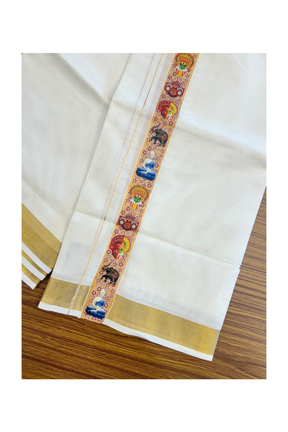 20% Discount!! KaithariKada Balaramapuram Mixed Cotton DOUBLE OFF WHITE - (Unbleached) Mundu/Dhoti - 80x72 - 1.5 inch DARK KASAVU  Buddha  Kadhakali  Theyyam  printed Kara - 108KK5227 PMC