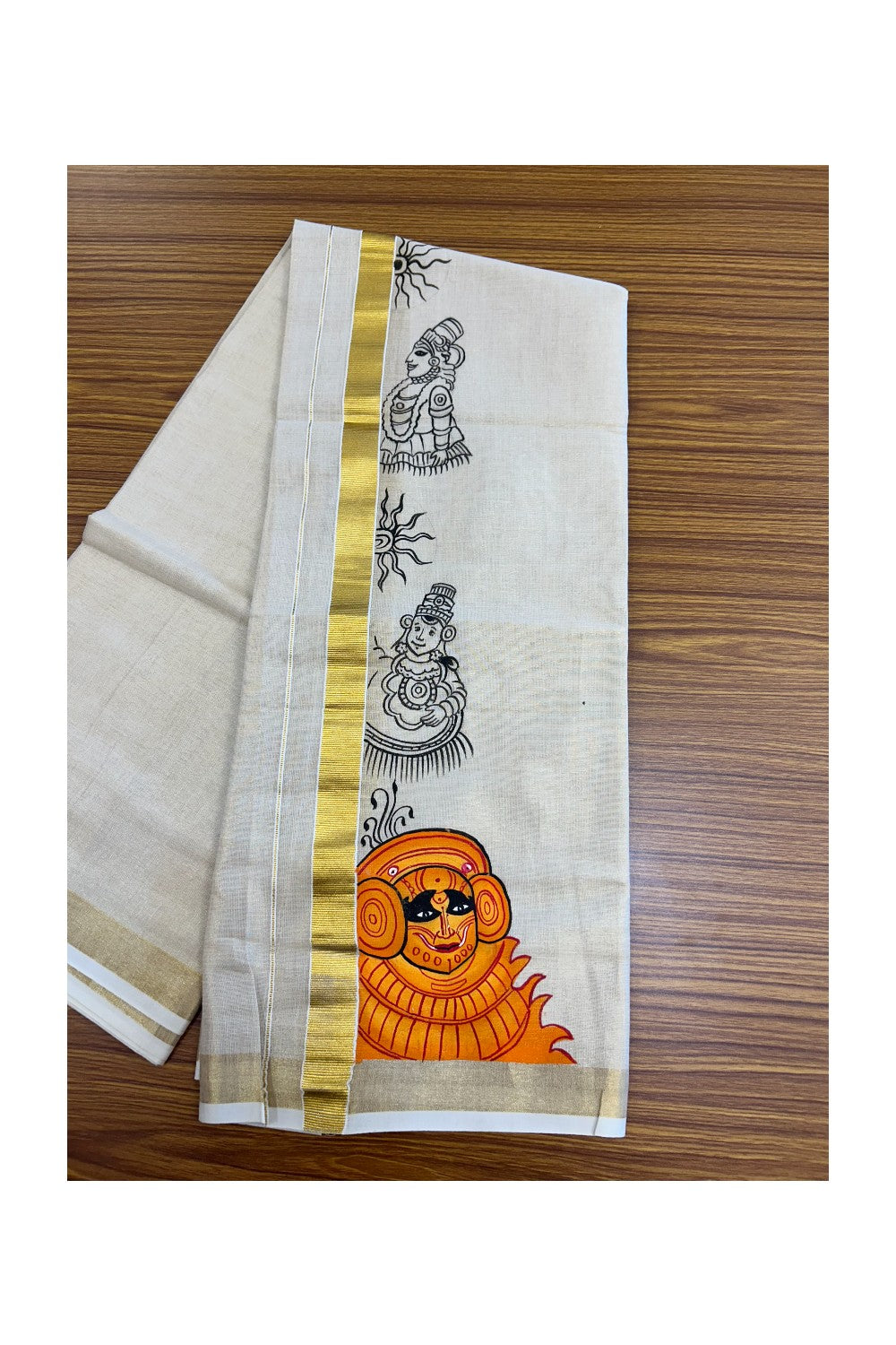 20% Discount! KaithariKada Balaramapuram 100% Cotton 80x72 - Gold Kasavu TISSUE Double Dhoti/Mund Theyyam Hand painted Mural design - 109KK5227 PMC