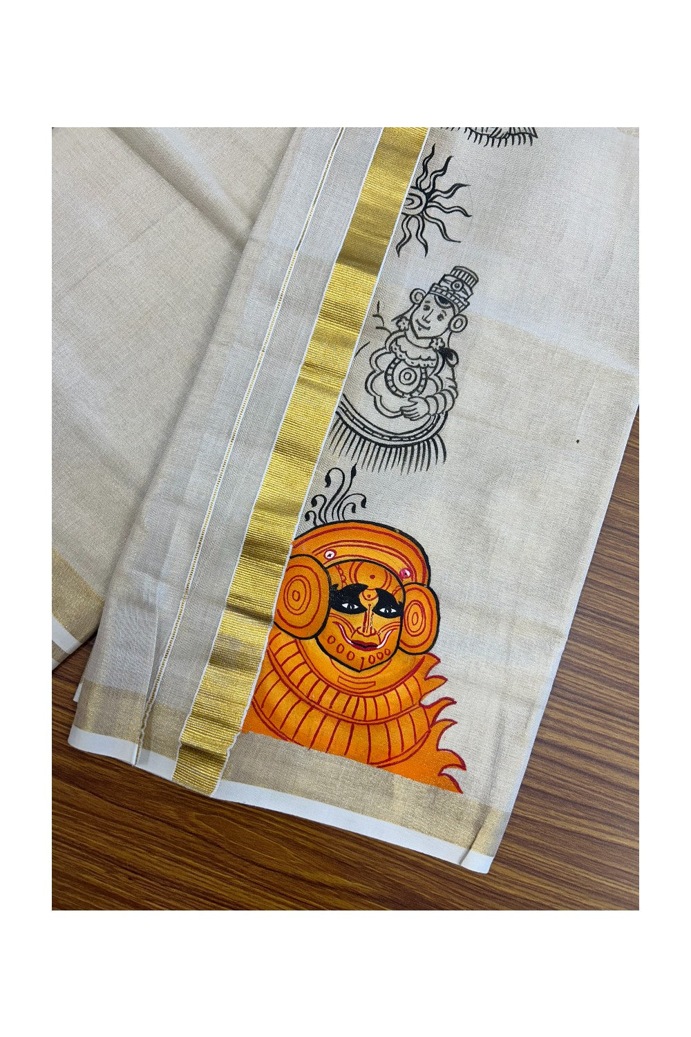 20% Discount! KaithariKada Balaramapuram 100% Cotton 80x72 - Gold Kasavu TISSUE Double Dhoti/Mund Theyyam Hand painted Mural design - 109KK5227 PMC