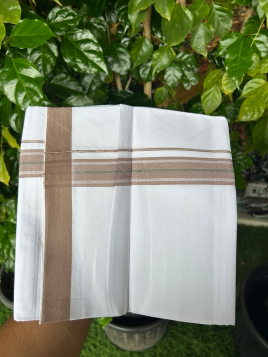 24% Discount !! KaithariKada Balaramapuram 100% Cotton Pure white Single Mundu/Dhoti - Twisted 60s Thread- 1.25 inch Silver Kasavu Pastel Brown & Green Shaded Striped Kara (2 meter / 4 muzham) - 11KK5241 GL