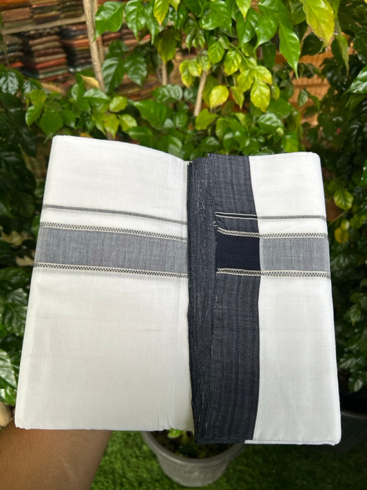 25% Discount!! NEW ULTRA PURE WHITE THREAD HANDLOOM Balaramapuram - 100% MERCERISED Cotton Double Mundu/Dhoti - 120 twisted warp x 80s weft - Navy Blue Silver Kasav Kara- 11KK5248 REA