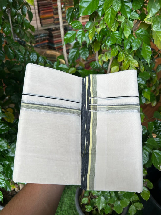 25% DISCOUNT!! KaithariKada HANDLOOM  UNAKKUPAAV Balaramapuram - 100% PURE Cotton OFF White - (Unbleached) Double Mundu/Dothi - 120 x 100 - 0.75 inch Black & Light Green Silver Kasav Striped Kara 4 meter - 11 KK5249 REA