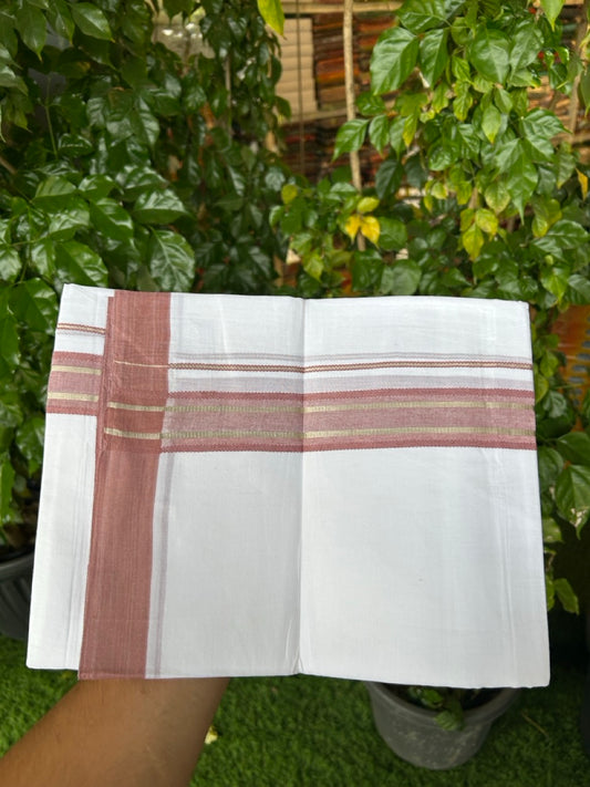Short Dhoti Special - 28% Discount ! KaithariKada 100% Cotton Pure White Double Mundu / Dhoti - 100x80 - 45 inch Height 3.80 m Length  1.5 inch Brown Maroon Silver Kasav kara - 11 KK5258 THI