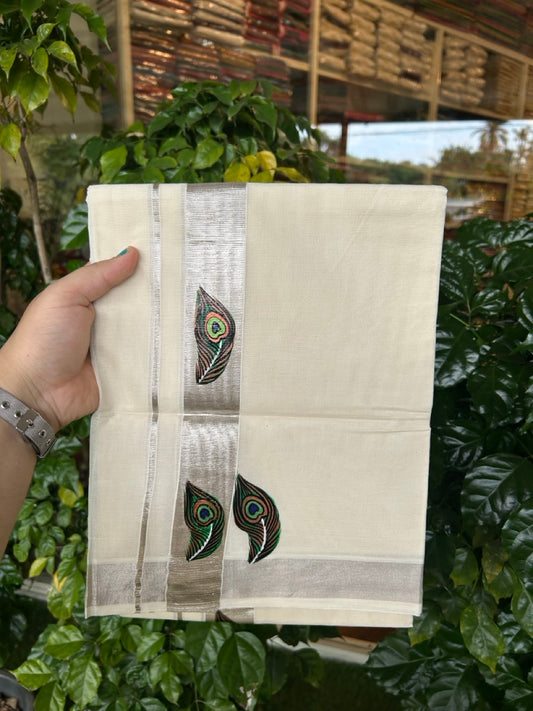 24% Discount! KaithariKada 100% Cotton Double Off white - (Ubleached) Mundu / Dhoti - 100x80 1.5 inch Silver Kasavu & Hand Painted Peacock - 11 KK5259 CKS
