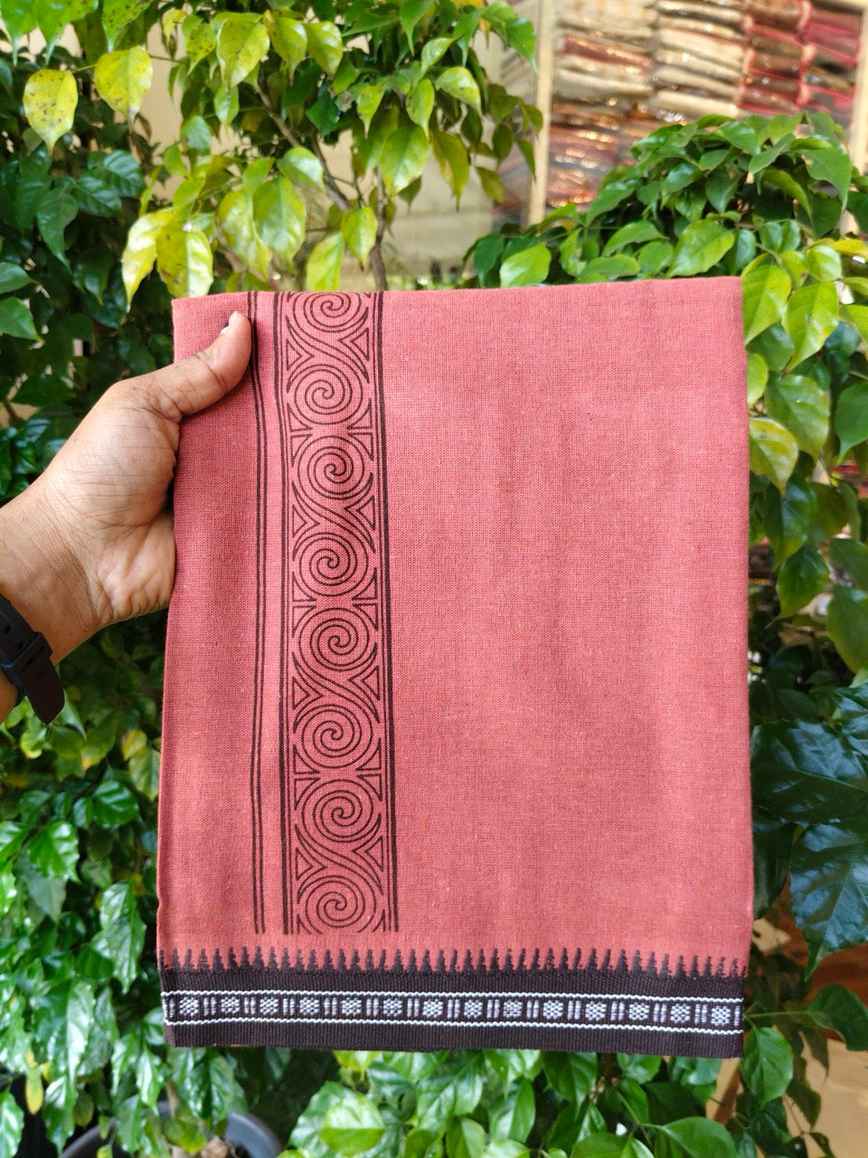 8% Discount!!! Kaitharikada Mixed Cotton Single KAVI - Kaily / Lungi - 3.25 inch Dark Brown Tribal Kuppadam Border (2 meter / 4 muzham) - 11KK8027 AS