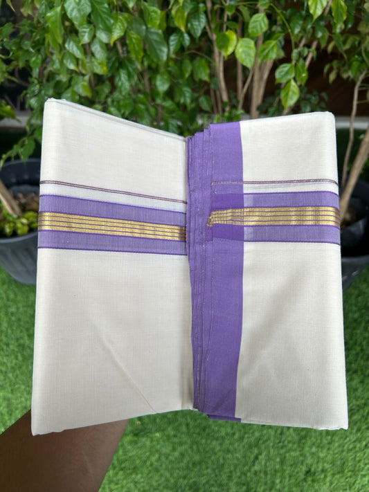 31% DISCOUNT!! KaithariKada HANDLOOM Millpaav Balaramapuram - 100% PURE Cotton OFF White Double - (Unbleached) Mundu/Dothi - 1.75 Inch Gold Kasav Violet kara - 11kk5153RAM