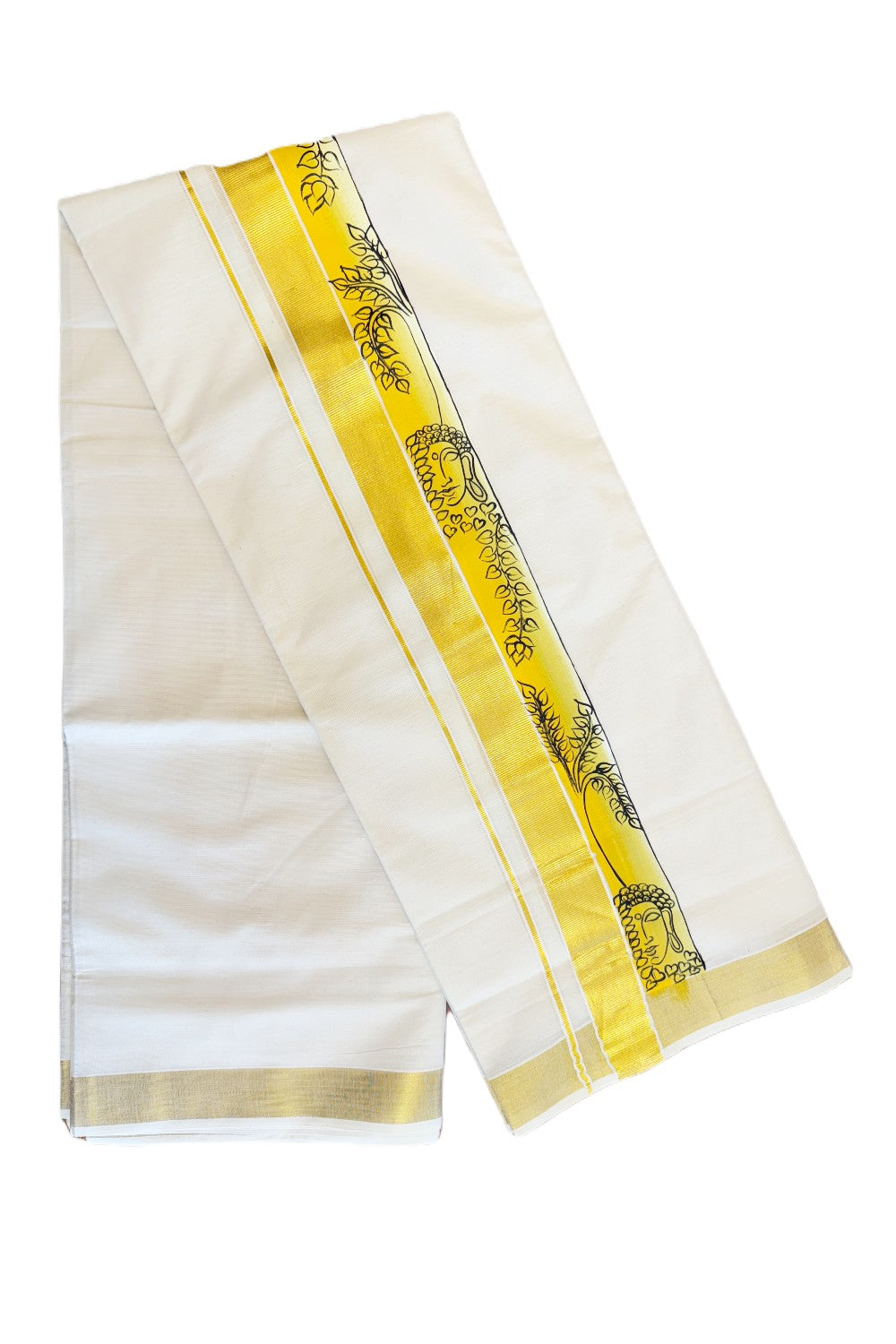 4% DISCOUNT!! KaithariKada Balaramapuram 100% Cotton Double Off white - (Unbleached) Mundu/Dhoti-80x72- 3.75 inch Kasavu Hand Painted Yellow Shaded Flower & Budha design-11