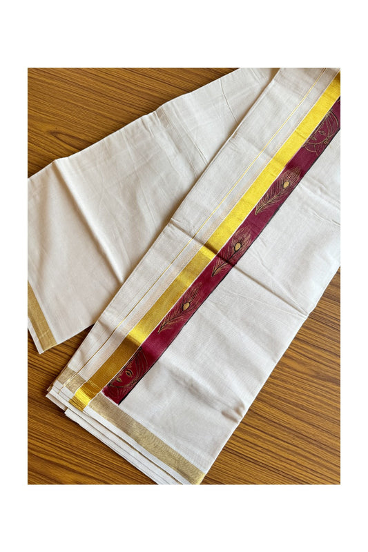 30% Discount! KaithariKada Balaramapuram 100% Cotton off white Double Mundu/Dhoti-80x72- Gold Kasavu HAND PAINTED Maroon Peacock Feather 2.75 inch Kara - 11KK424CEE