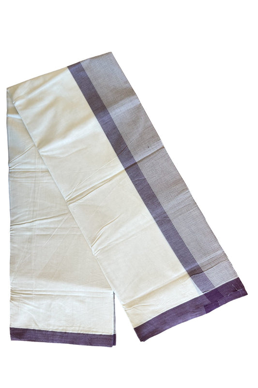 30% DISCOUNT! KaithariKada Balaramapuram 100% Cotton  Off white (Unbleached) Double Mundu/Dhoti-100x100 Wine purple Stripes Kara- 11KK429ASH