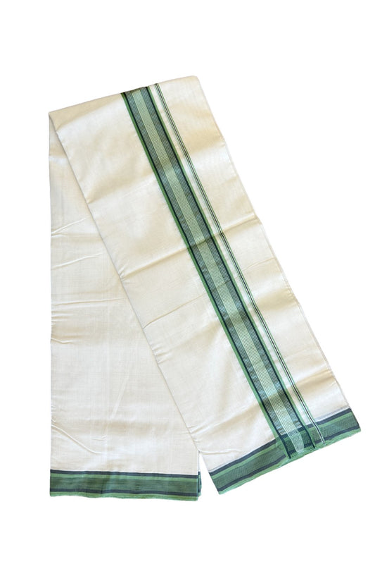 25% DISCOUNT!! KaithariKada HANDLOOM UNAKKUPAAV Balaramapuram - 100% PURE Cotton OFF White (Unbleached) Double Mundu/Dothi - Light green & Black silver striped kara - 11KK458SOM