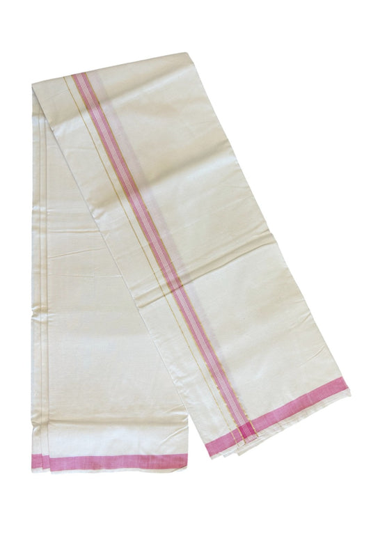 25% Discount KaithariKada 100% Cotton Balaramapuram HANDLOOM Single Mundu/Dhoti - Off White (Unbleached) 1.25 inch Kasavu & Pink Striped Kara (2 meter / 4 muzham) - 11KK499KK