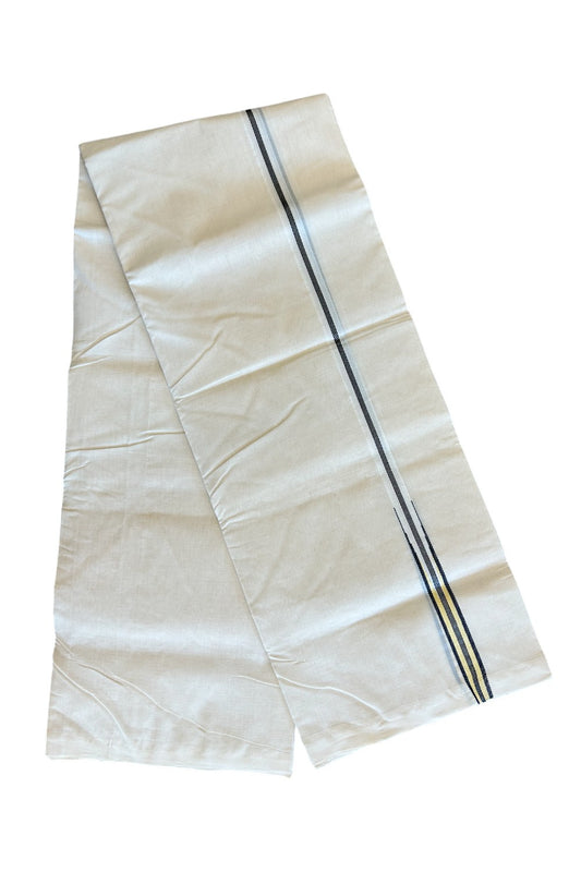 30% DISCOUNT!! KaithariKada HANDLOOM Millpaav Balaramapuram - 100% PURE Cotton OFF White Double - (Unbleached)Mundu/Dothi - 0.75 inch Puliyilakkara silver kasavu Black stripes with Black & Sand Brown chutty - 11KK5011RAM