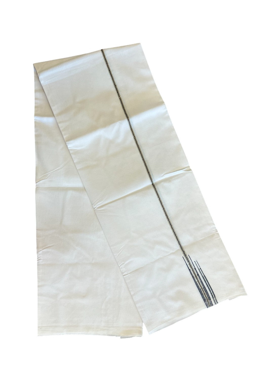 35% DISCOUNT!! KaithariKada Balaramapuram 100% Cotton PURE WHITE Single Mundu/Dhoti-100x100 1 cm  Puliyilakkara MUTHUKKURI Silver & Black Double chutty (2 meter / 4 muzham) - 11KK5043ASH