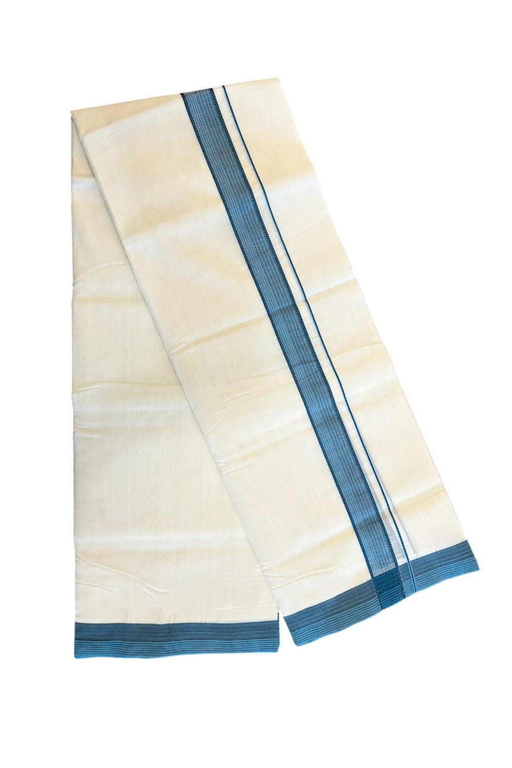 25% DISCOUNT!! KaithariKada HANDLOOM UNAKKUPAAV Balaramapuram - 100% PURE Cotton OFF White Double - (Unbleached) Mundu/Dothi - 1.75 inch Black & Blue Kara 3.82 meters - 11KK5049REA