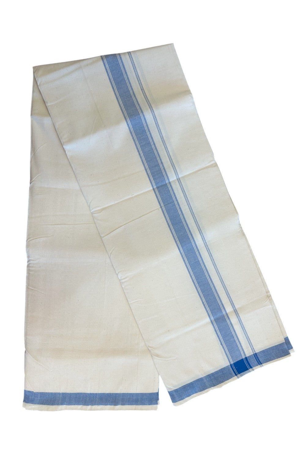 30% Discount KaithariKada 100% Cotton Balaramapuram HANDLOOM Single Mundu/Dhoti - Off White (Unbleached) 2inch(2 meter / 4 muzham) Blue Kara-305