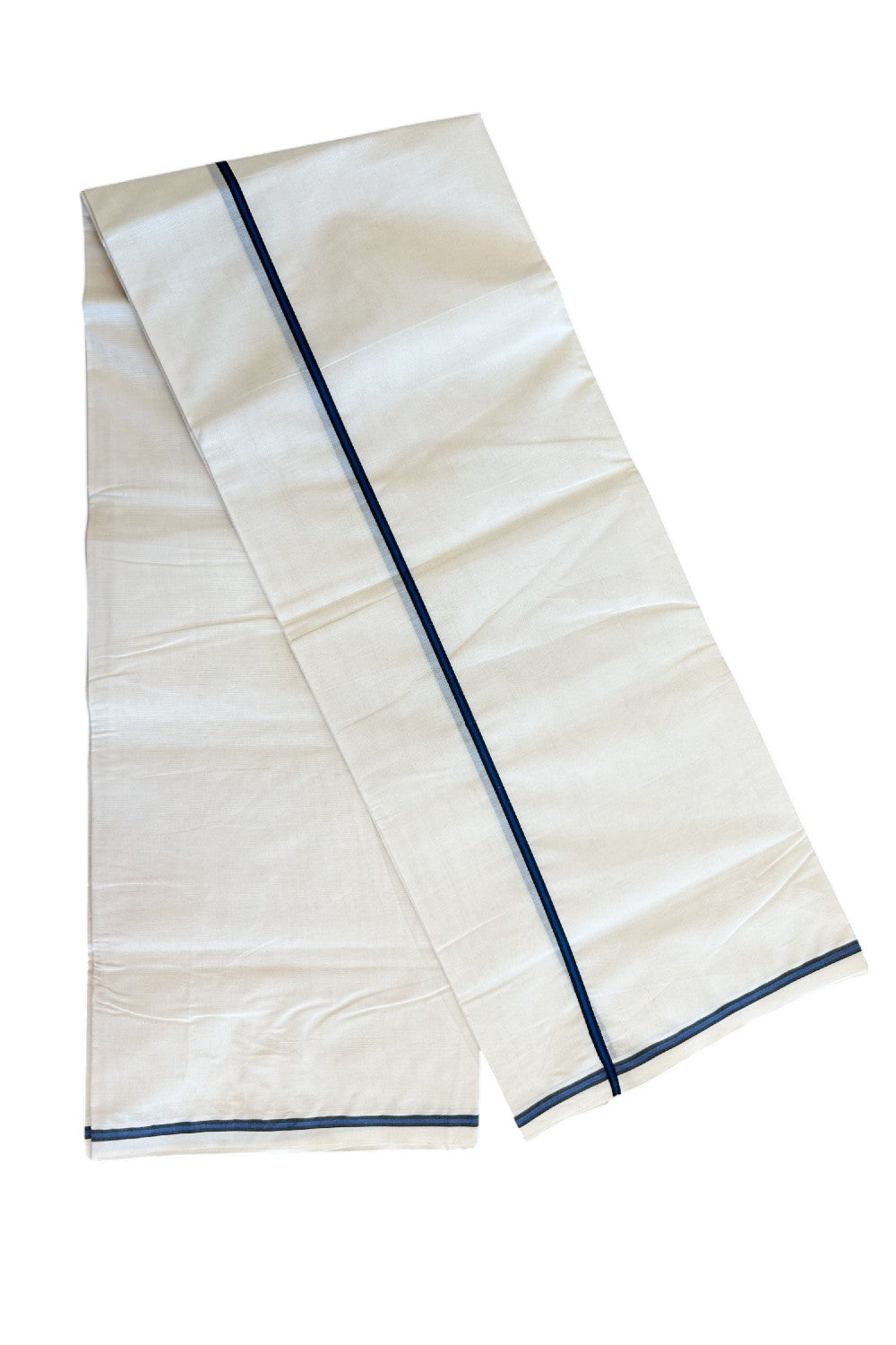 20% Discount !! KaithariKada Balaramapuram 100% Cotton Double off white - (Unbleached) Mundu/Dhoti - 100X100 0.25inch Deep Blue & Black Kara - 11KK5055ASH