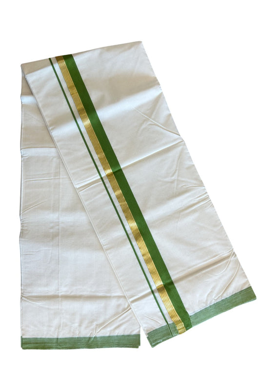 30% DISCOUNT! KaithariKada HANDLOOM Millpaav Balaramapuram - 100% PURE Cotton Off White (Unbleached)-  Double Mundu/Dhoti -GREEN &1.5 inch  KASAVU STRIPES   KARA -2.