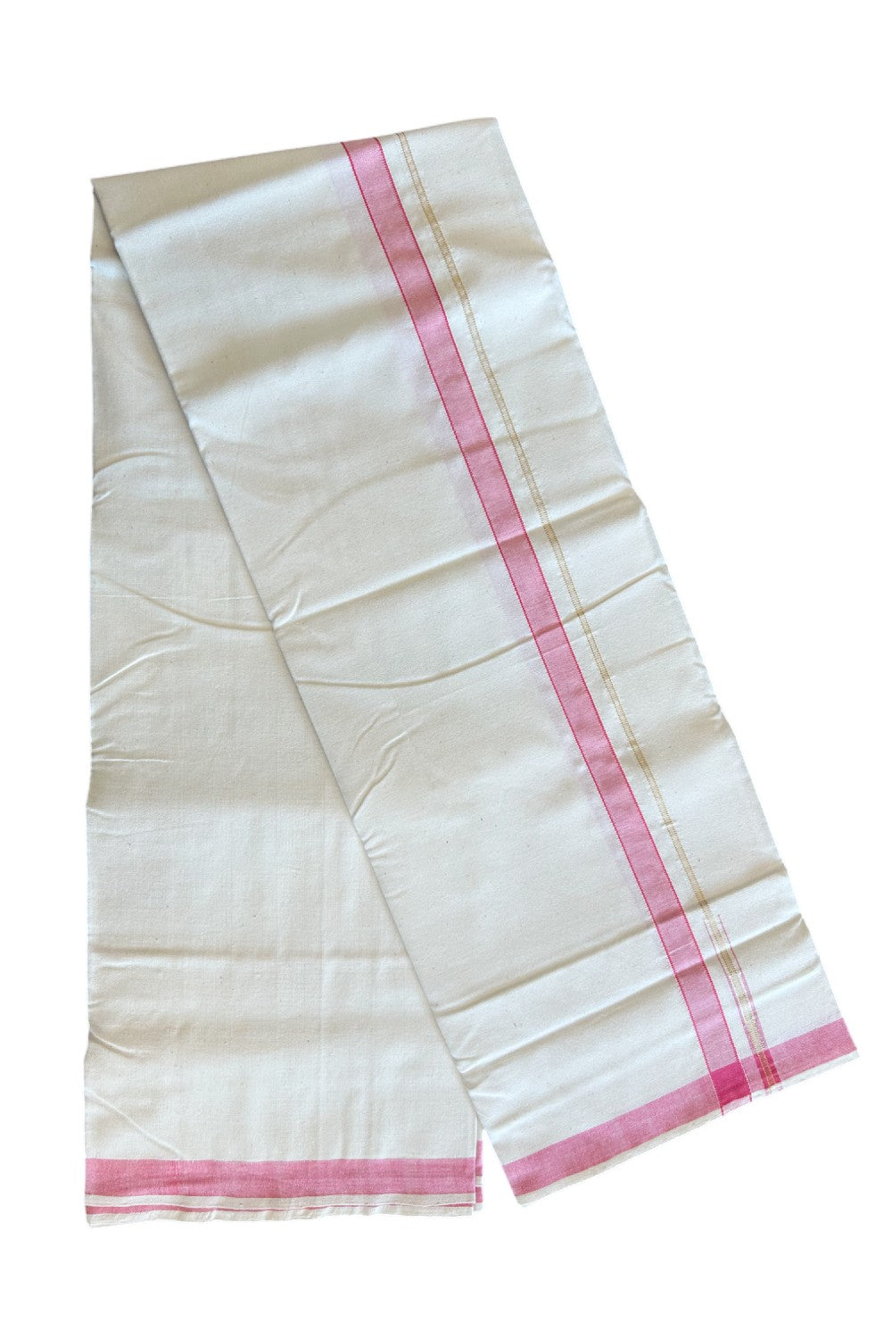 30% Discount ! KaithariKada 100% Cotton Balaramapuram HANDLOOM Single Mundu/Dhoti - Off White (Unbleached)  1.Inch (2 meter / 4 muzham) Pink & Stripes Kasavu Puliyilakkara Chutty- KK32KAI
